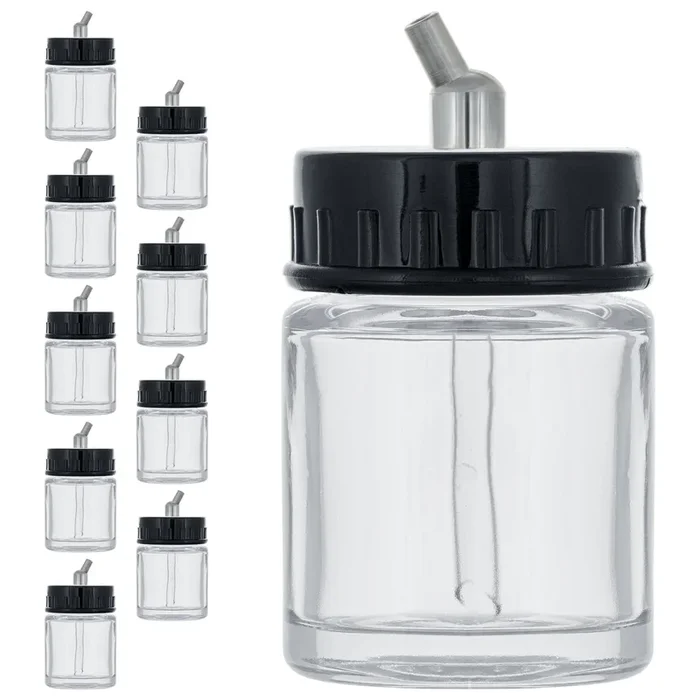 10 Pack of Master Airbrush TB-002 3/4 oz Glass Jar Bottles with 30 degree Down Angle Adaptor Lid Assembly – Dual-Action Siphon