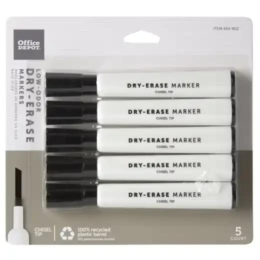 100% Recycled Low-Odor Dry-Erase Markers, Chisel Point, Black, Pack Of 5