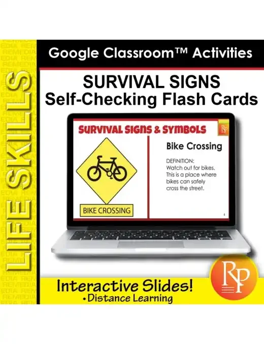 191 Google Slides Survival Signs, Symbols Self Checking Flash Cards Special Ed