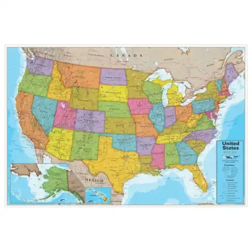 24X36in Laminated Wall Map of USA with Blue Ocean Background