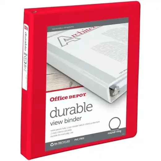 3-Ring Durable View Binder, 1″ Round Rings, Red