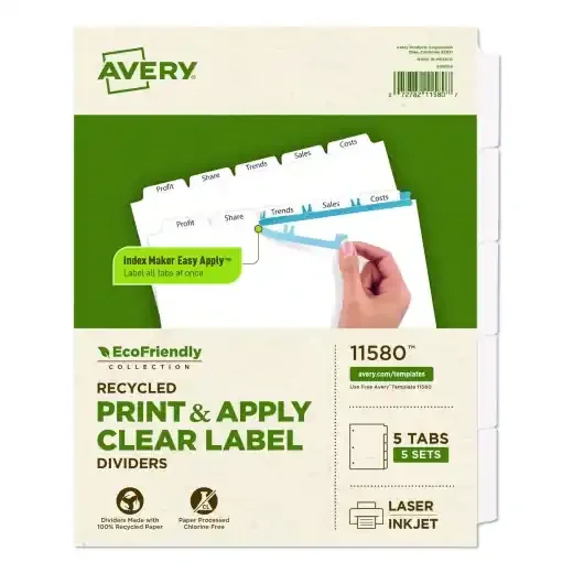 Avery Index Maker Ecofriendly Print and Apply Clear Label Dividers with White Tabs