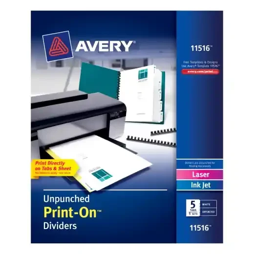Avery Print-On Dividers, 8 1/2″ X 11″, Unpunched, 5-Tab, White Dividers/White Tabs, Pack Of 5 Sets