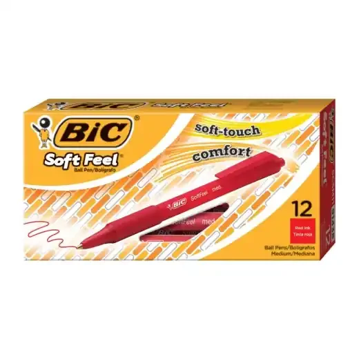 Bic Soft Feel Retractable Ballpoint Pens, Medium Point, 1.0 Mm, Red Barrel, Red Ink, Box Of 12 Pens