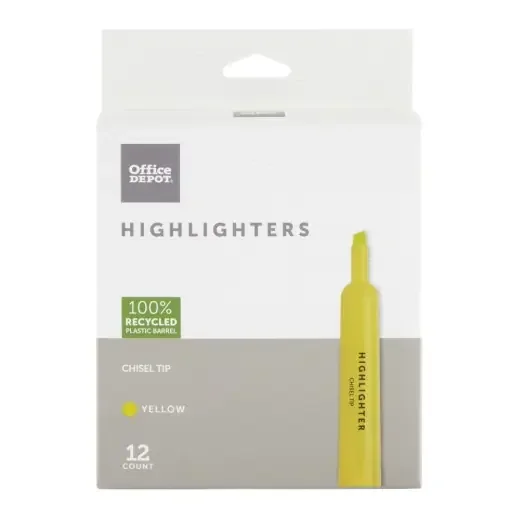 Chisel-Tip Highlighters – 100% Recycled Plastic Barrel, Fluorescent Yellow, Pack Of 12