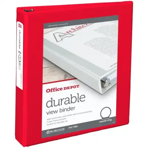 Durable View 3-Ring Binder, 1 1/2″ Round Rings, Red