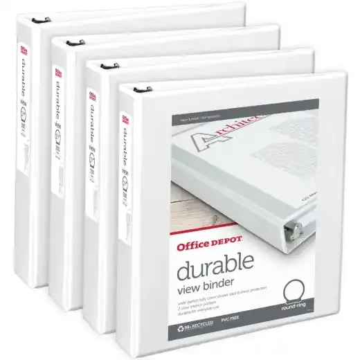 Durable View 3-Ring Binder, 1 1/2″ Round Rings, White, Pack Of 4