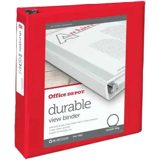 Durable View 3-Ring Binder, 2″ Round Rings, Red