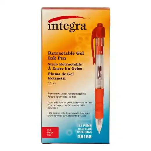 Integra Retractable Gel Pens, Fine Point, 0.5 Mm, Red Barrel, Red Ink, Pack Of 12 Pens