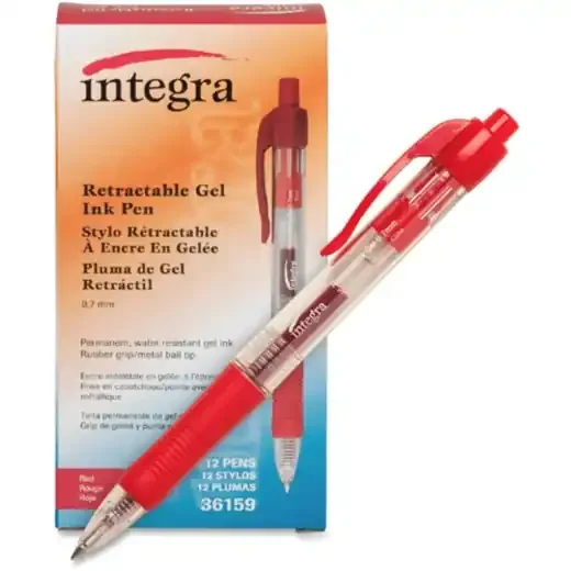 Integra Retractable Gel Pens, Medium Point, 0.7 Mm, Red Barrel, Red Ink, Pack Of 12 Pens
