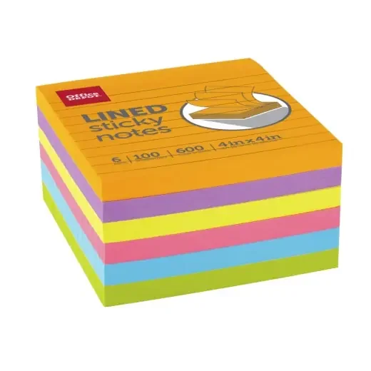 Lined Sticky Notes, 4″ x 4″, Assorted Vivid Colors, 100 Sheets Per Pad, Pack Of 6 Pads
