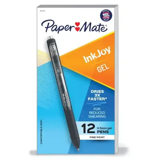 Paper Mate Inkjoy Gel Pens, Fine Point, 0.5 Mm, Black Barrel, Black Ink, Pack Of 12