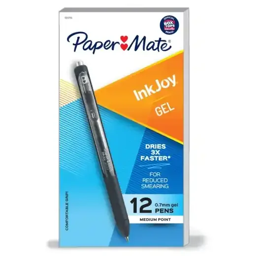 Paper Mate Inkjoy Gel Pens, Medium Point, 0.7 Mm, Black Barrel, Black Ink, Pack Of 12