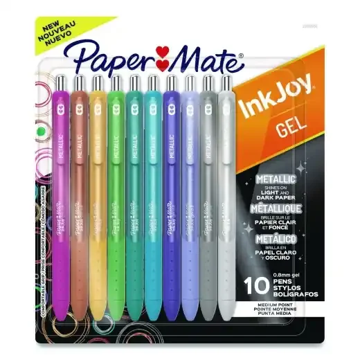 Paper Mate Inkjoy Metallic Gel Pen, Retractable, Medium 0.8 Mm, Assorted Ink, Assorted Barrel, 10/Pack