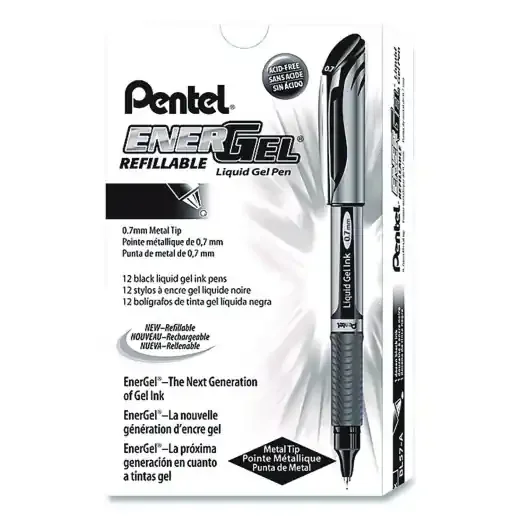 Pentel Energel Deluxe Gel Pen, Stick, Medium 0.7 Mm, Black Ink, Silver/Black Barrel, Dozen