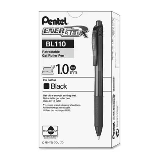 Pentel Energel-X Retractable Gel Pens, Bold Point, 1.0 Mm, Black Barrel, Black Ink, Pack Of 12 Pens