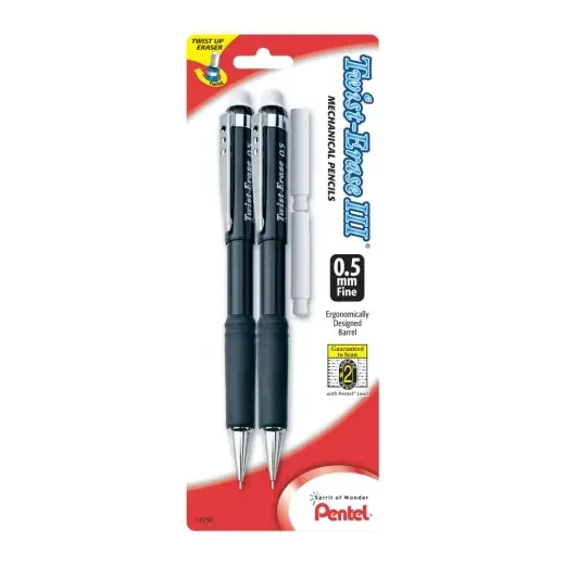 Pentel Twist-Erase III Mechanical Pencils, 0.5mm, 2 Lead, Assorted Barrel Colors, Pack Of 2