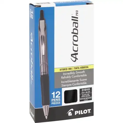 Pilot Acroball Pro Advanced Ink Hybrid Gel Pen, Retractable, Medium 1 Mm, Black Ink, Silver/Black Barrel, Dozen