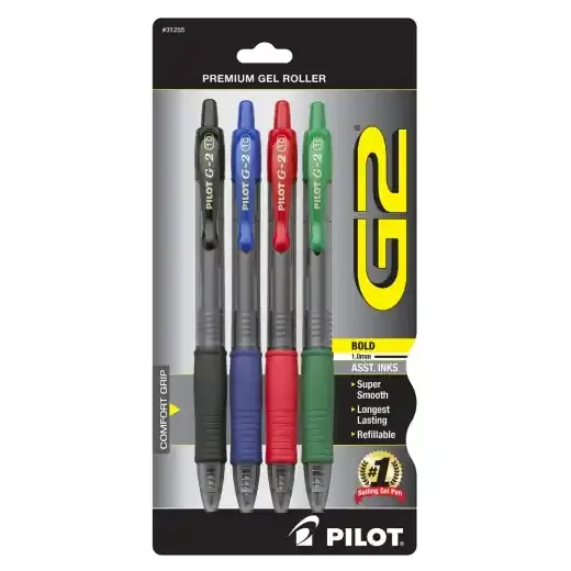 Pilot G2 Retractable Gel Pens, Bold Point, 1.0 Mm, Assorted Barrels, Assorted Ink Colors, Pack Of 4