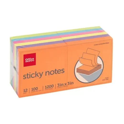 Sticky Notes, 3″ x 3″, Assorted Vivid Colors, 100 Sheets Per Pad, Pack Of 12 Pads