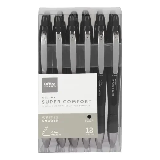 Super Comfort Grip Retractable Gel Pens, Medium Point, 0.7 Mm, Black Barrel, Black Ink, Pack Of 12