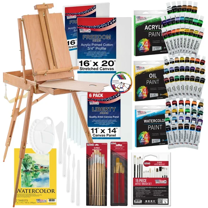 U.S. Art Supply 121-Piece Artist Painting Kit for Adults – Paint Easel, 24 Acrylic, 24 Oil, 24 Watercolor Paints. Stretched Canvas, Canvas Panels, Paper Pads, 32 Assorted Brushes, Palette, Gift Set