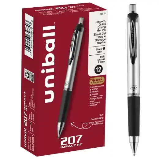 Uniball Rt Gel Pens, 207 Impact, Bold Point, 1.0 Mm, Gray Barrel, Black Ink, Pack Of 12