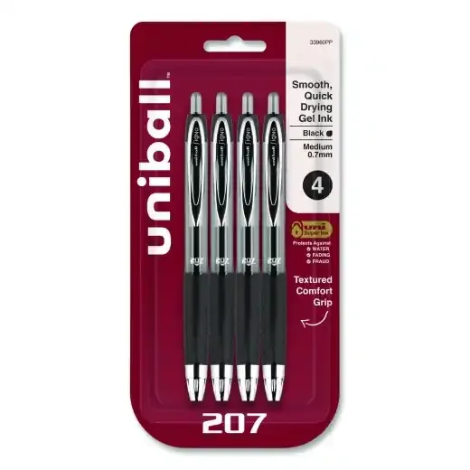 Uniball Signo 207 Gel Pen, Retractable, Medium 0.7 Mm, Black Ink, Smoke/Black Barrel, 4/Pack