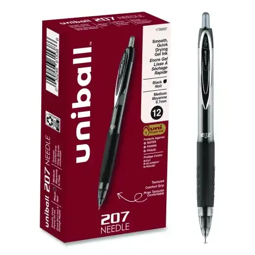 Uniball Signo 207 Needle Point Gel Pen, Retractable, Medium 0.7 Mm, Black Ink, Clear/Black Barrel, Dozen