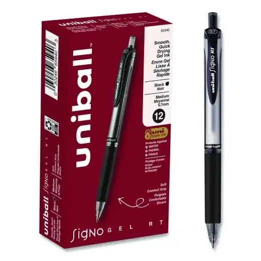 Uniball Signo Gel Pen, Retractable, Medium 0.7 Mm, Black Ink, Silver/Black Barrel, Dozen