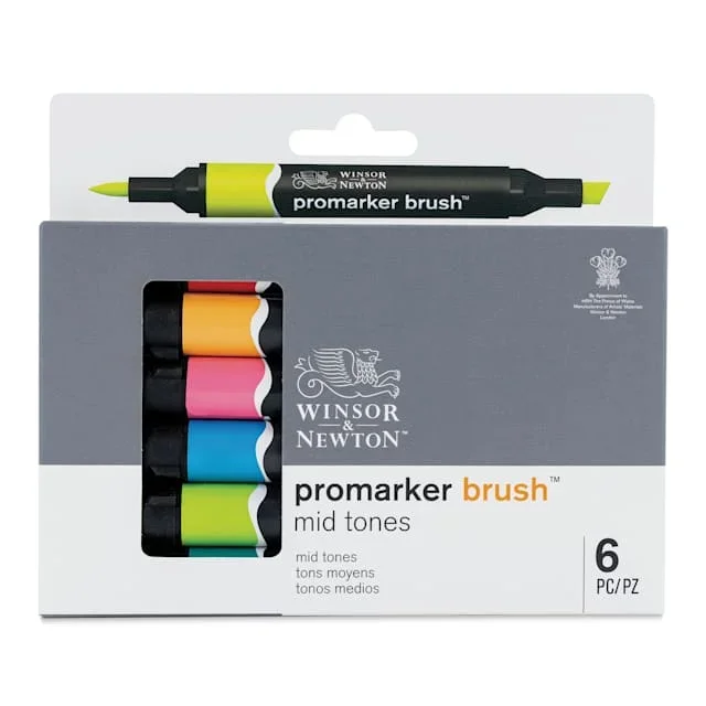 Winsor & Newton Promarker Brush Markers – Mid Tones, Set of 6