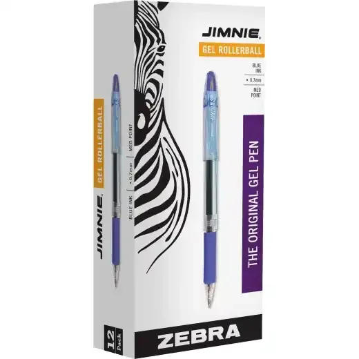 Zebra Jimnie Gel Pen, Stick, Medium 0.7 Mm, Blue Ink, Clear/Blue Barrel, 12/Pack