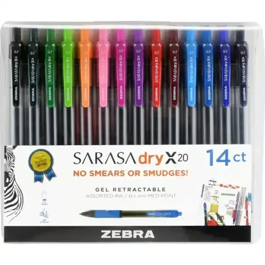 Zebra Pen Sarasa Retractable Gel Pens, Pack Of 14, Medium Point, 0.7 Mm, Clear Barrel, Assorted Ink Colors